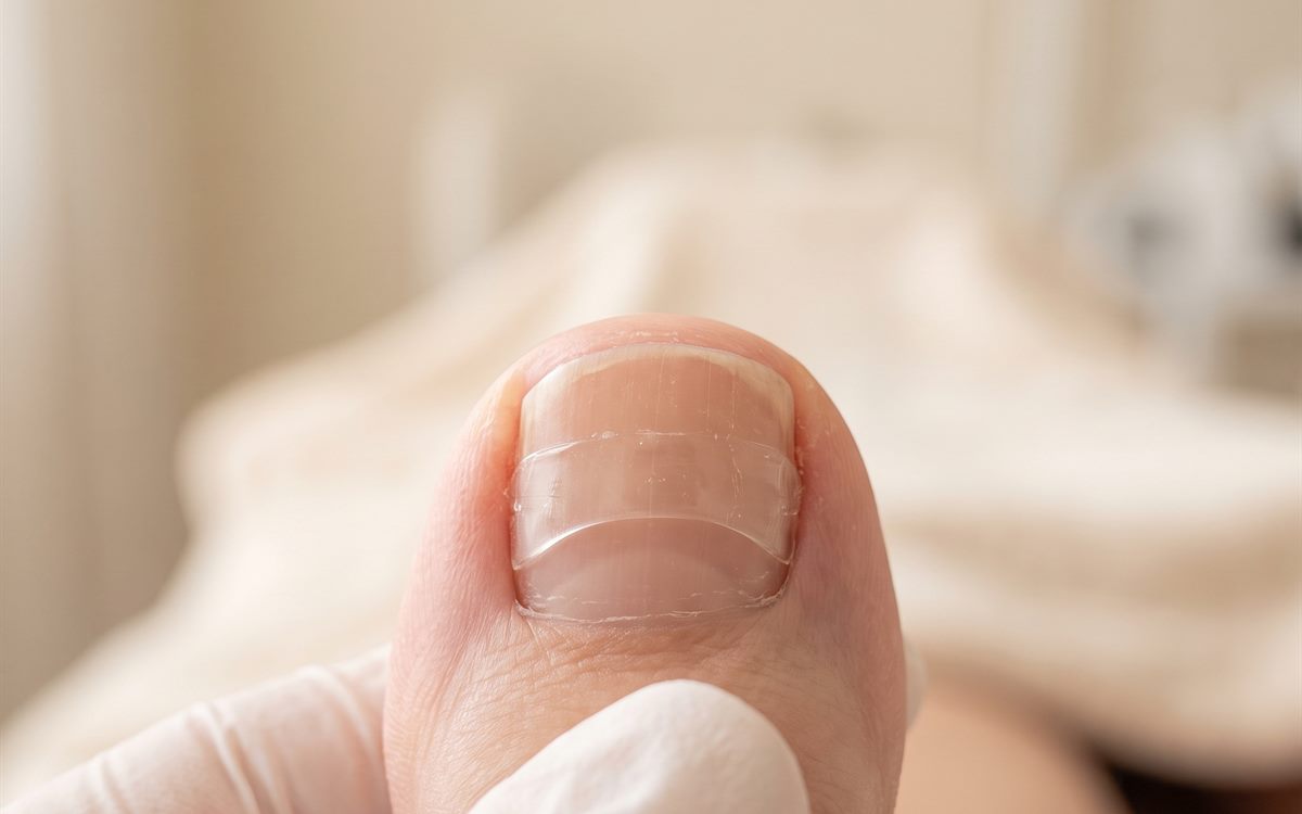 Nahaufnahme eines Zehennagels mit aufgeklebter, transparenter B/S-Quickspange. KI-generiertes Symbolbild.