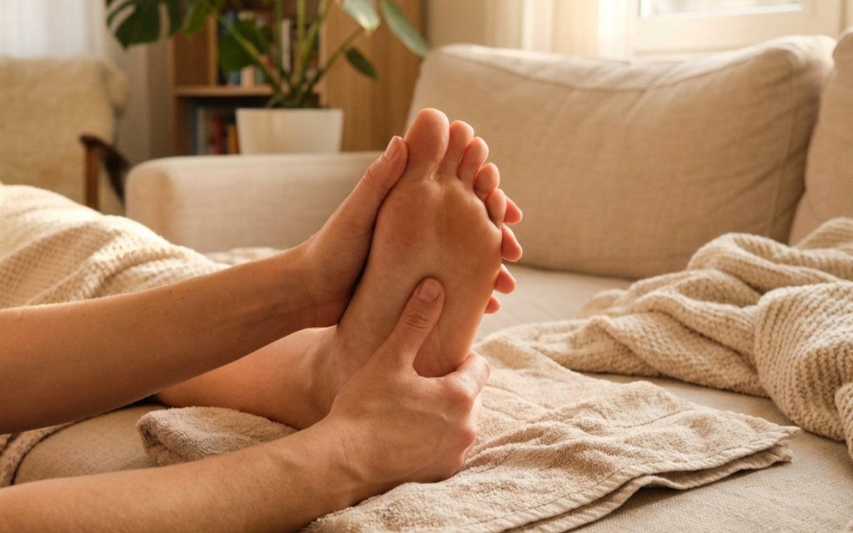 Zwei Hände massieren einen Fuß auf einem Handtuch, auf dem Sofa im Wohnzimmer. KI-generiertes Symbolbild.